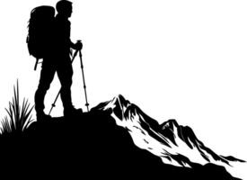 Silhouette of Backpacker atop Mountain Summit Adventurous Hiking Art vector