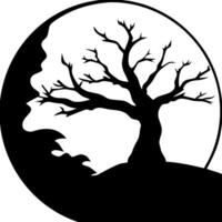 Silhouette of Bare Tree and Moon Face in Circular Night Sky Art vector