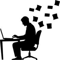 Silhouette of Busy Office Worker on Computer with Flying Papers Art vector