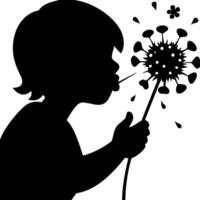 Silhouette of Child Blowing Dandelion Seeds Symbolizing Innocence and Playful Childhood vector