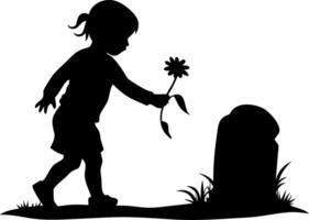 Silhouette of Child Offering Flower at Grave Reflection on Loss and Innocence vector