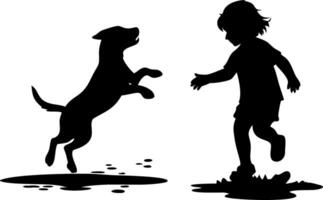Silhouette of Child Playing with Dog in Puddle for Art and Design vector