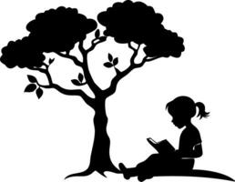 Silhouette of Child Reading Under Tree Symbolizing Peaceful Learning and Imagination vector