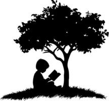Silhouette of Child Reading Under Tree Peaceful Nature Scene Art vector