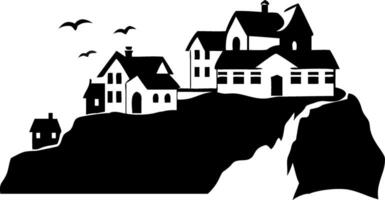 Silhouette of Cliffside Village with Birds Flying Overhead for Illustrations and Designs vector
