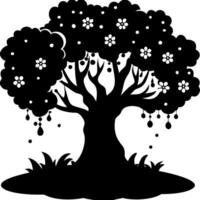 Silhouette of Decorative Tree with Blossoms and Hanging Ornaments for Tattoos and Art Projects vector