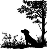 Silhouette of Dog Sitting Under Tree in Nature Scene for Art Projects vector