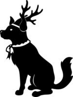 Silhouette of Dog with Antlers and Bow for Christmas Decor and Design vector