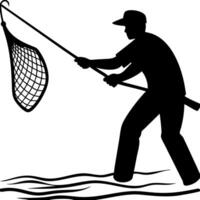Silhouette of Fisherman with Net Capturing Aquatic Life Illustration for Apparel and Decor vector