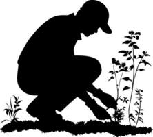 Silhouette of Gardener Kneeling in Field Planting Vegetables for Farming and Agriculture Concepts vector