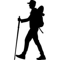 Silhouette of Hiker with Backpack and Walking Stick for Outdoor Adventure Graphics vector