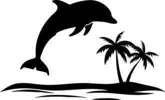 Silhouette of Jumping Dolphin over Tropical Island with Palm Trees Art vector