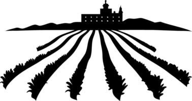 Silhouette of Lavender Field with Rustic Farmhouse and Mountain Landscape vector