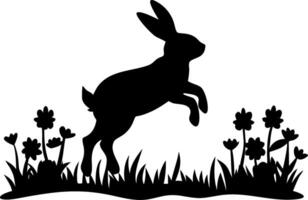 Silhouette of Leaping Rabbit and Wildflowers Art for Nature Designs vector
