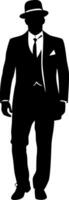 Silhouette of Man in Suit and Hat Walking Elegantly for Retro Designs vector