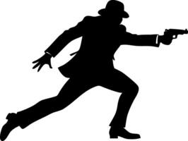 Silhouette of Man in Suit and Hat Running with Gun Illustration vector