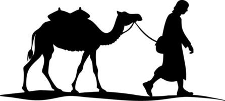 Silhouette of Man Leading Camel Across Desert for Travel and Adventure Themes vector