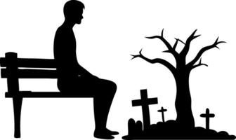 Silhouette of Man Mourning by Grave with Tree on Bench Illustration vector