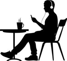 Silhouette of Man Listening to Music on Phone Sitting at Cafe Table vector