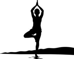 Silhouette of Man in Tree Pose Yoga Meditation on Water at Sunset vector