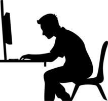 Silhouette of Man Sitting and Typing at Desk with Computer for Office Workspace Design vector
