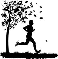 Silhouette of Man Running Beside Tree with Falling Leaves in Autumn Breeze vector
