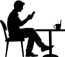 Silhouette of Man Using Smartphone at Cafe Table Relaxed Sitting Art vector