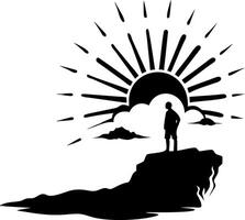 Silhouette of Man Standing on Cliff with Radiant Sunrise Horizon Illustration vector