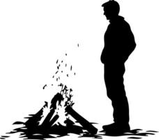 Silhouette of Man Standing by Campfire for Outdoor Adventure Design vector
