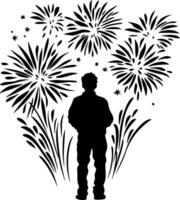 Silhouette of Man Watching Fireworks with Decorative Elements Art vector