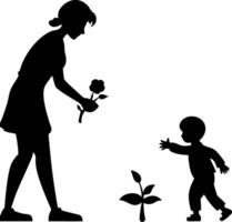 Silhouette of Mother and Child Bonding with Nature and Flowers vector