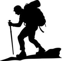 Silhouette of Mountain Hiker with Backpack and Walking Stick Art vector