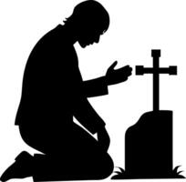 Silhouette of Mourning Person Kneeling at Grave with Cross for Memorial Art vector