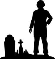 Silhouette of Mysterious Figure at Graveyard Scene for Halloween Illustrations vector