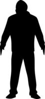 Silhouette of Mysterious Hooded Figure in Shadowy Stance for Graphic Design vector
