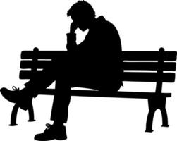 Silhouette of Pensive Man Sitting on Park Bench Contemplating in Illustration vector