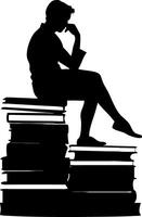 Silhouette of Pensive Person Sitting on Pile of Books Contemplative Reading Art vector