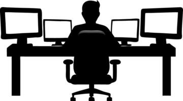 Silhouette of Person at Multi-Monitor Desk Workspace Illustration vector