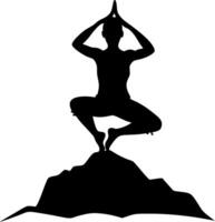 Silhouette of Person Meditating in Yoga Pose on Mountain Peaceful Nature Art vector