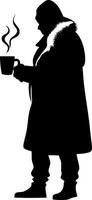 Silhouette of Person in Winter Coat Holding Steaming Mug for Warmth vector