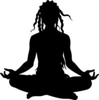 Silhouette of Person Meditating in Lotus Pose with Dreadlocks for Yoga Design vector