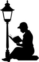 Silhouette of Person Reading Under Street Lamp Reflecting Calm and Knowledge vector