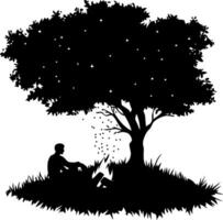 Silhouette of Person Relaxing Under Tree with Stars for Nature Retreat Illustration vector