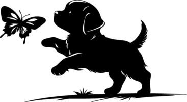 Silhouette of Playful Puppy Interacting with Butterfly Illustration vector
