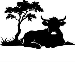 Silhouette of Resting Bull Under Tree Nature Illustration for Art and Design vector