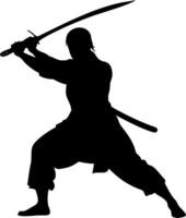 Silhouette of Samurai Warrior with Katana Sword in Combat Pose Art vector