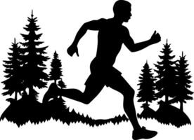 Silhouette of Running Man in Pine Forest Design for Outdoor Adventure Themes vector