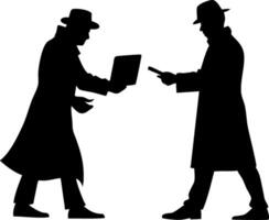 Silhouette of Secret Agents Exchanging Documents in Trench Coats and Hats Illustration vector