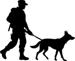 Silhouette of Soldier Walking with Military Dog on Leash for Security and Training Concepts vector