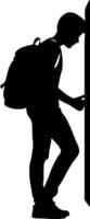 Silhouette of Student Leaning Against Wall with Backpack for Inspirational Design vector